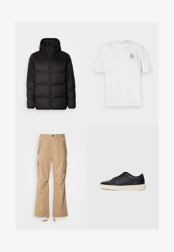Czarna kurtka puchowa z zapięciem na zamek, kapturem, pikowanymi sekcjami i elastycznymi mankietami, wykonana z gładkiego, wodoodpornego materiału.; Biała bawełniana koszulka o luźnym kroju, z małym czarnym graficznym logo na lewej piersi. Krótkie rękawy, klasyczny okrągły dekolt.; Beżowe spodnie cargo z elastycznym paskiem, dwiema dużymi kieszeniami bocznymi i regulowanymi sznurkami u dołu. Gładka tekstura materiału.; Czarne niskie skórzane sneakersy z czarnymi sznurówkami i off-white podeszwą, prezentowane w profilu bocznym na białym tle.