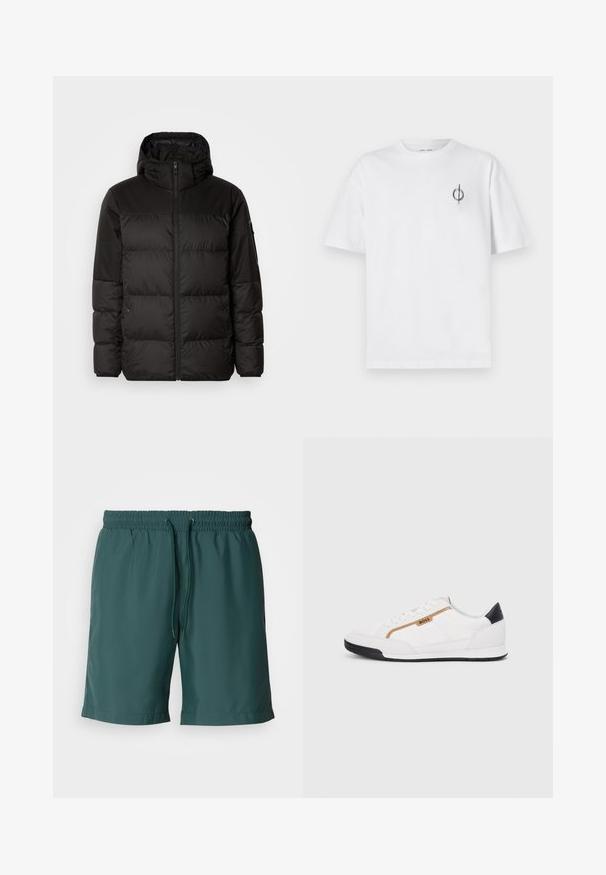 Zwarte pufferjas met ritsluiting, een capuchon, gequiltte secties en elastische manchetten, gemaakt van een glad, waterafstotend materiaal.; Witte katoenen t-shirt met een ontspannen pasvorm, voorzien van een klein zwart graphic logo op de linkerkant van de borst. Korte mouwen, ronde hals.; Groene, lichte shorts met een elastische tailleband en trekkoord, met een gladde textuur en zijzakken voor extra gemak.; Witte sportieve schoenen met gaas- en lederen accenten. Voorzien van een gouden "BOSS" logo, gestructureerde zijpanelen en een zwarte hakkap. Rubberen zool.