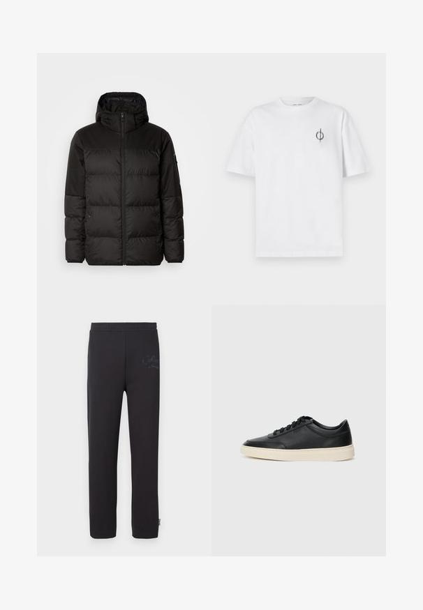 Juodas pūkinis švarkas turi užtrauktuką, gobtuvą, siūlinčius skyrius ir elastinius rankogalius, pagamintas iš lygaus, vandeniui atsparaus medžiagos.; Balta medvilninė marškinė su laisvu siluetu, su mažą juodą grafiką logotipą kairėje krūtinės pusėje. Trumpomis rankovėmis, apvaliu kaklu.; Juodos sportinės kelnės su elastinga juosmena, su subtiliu spaudiniu ant kairiojo šlaunies ir tiesiais kojų kirpimais.; Juoda žema viršutinė odinė sportbačiai su juodais raišteliais ir kreminiu padu, pateikti šoniniame profilyje ant baltos fono.