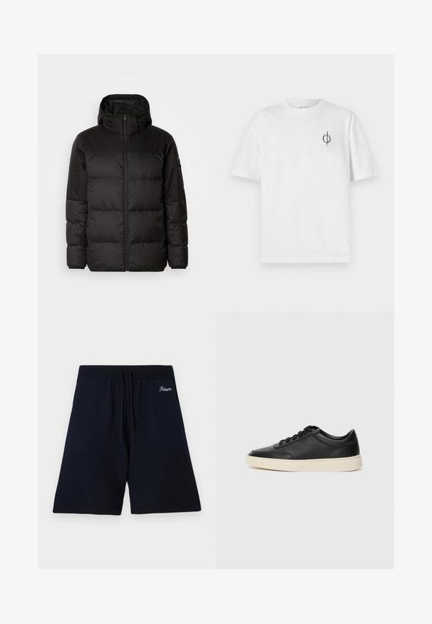 Black puffer jacket features a zip closure, a hood, quilted sections, and elastic cuffs, made from a smooth, water-resistant material.; White cotton t-shirt with a relaxed fit, featuring a small black graphic logo on the left chest area. Short sleeves, crew neck style.; Navy blue shorts made of soft fabric, featuring an elastic waistband with drawstrings, and embroidered text "Future" near the top.; Black low-top leather sneaker with black laces and off-white sole shown in side profile on white background.