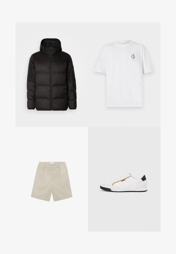 Černá péřová bunda má zipový uzávěr, kapuci, prošívané části a elastické manžety, vyrobená z hladkého, voděodolného materiálu.; Bílý bavlněný tričko s volným střihem, které má malé černé grafické logo na levé straně hrudi. Krátké rukávy, kulatý výstřih.; Béžové kalhoty na míru s plochým předním dílem, dvěma bočními kapsami a jedním zapínáním na knoflík. Vyrobeno z lehkého, hladkého materiálu.; Bílé sportovní boty s akcenty z meshe a kůže. Mají zlaté logo "BOSS", texturované boční panely a černý podpatek. Gumová podrážka.