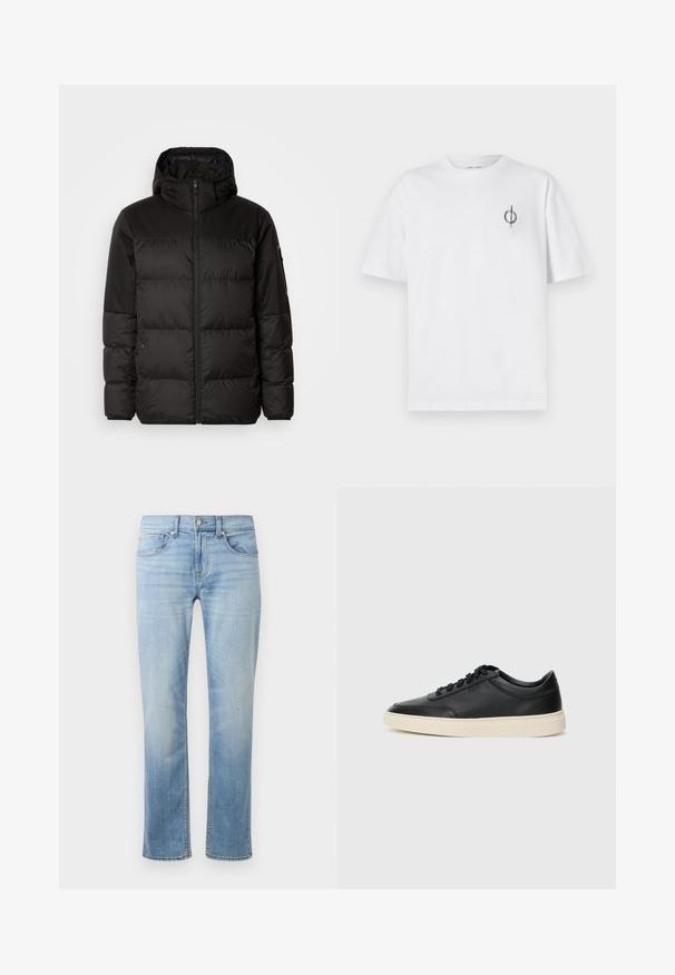 Mustikas puffer-jakk sisaldab tõmblukku, kapuutsi, tikandiga osi ja elastseid mansette, valmistatud siledast veekindlast materjalist.; Valge puuvillane t-särk lõdva sobivusega, millel on vasakul rinnal väike must graafiline logo. Lühikesed varrukad, ümmargune kaelus.; Heledad sinine teksapükste sirge jala disain, viis taskut, nähtavad õmblused ja pleekinud viimistlus reite ja põlvede lähedal.; Mustad musta nahast madal sneaker mustade nööpidega ja kreemivalge tallaga, nähtud külgprofiilis valge tausta ees.