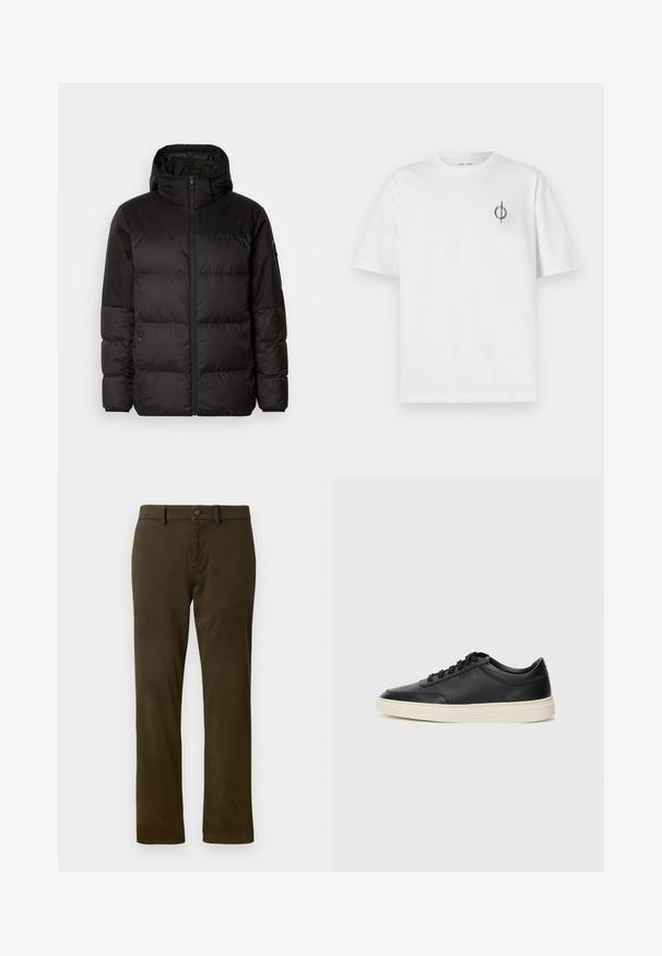 Zwarte pufferjas met ritsluiting, een capuchon, gequiltte secties en elastische manchetten, gemaakt van een glad, waterafstotend materiaal.; Witte katoenen t-shirt met een ontspannen pasvorm, voorzien van een klein zwart graphic logo op de linkerkant van de borst. Korte mouwen, ronde hals.; Donkergroene chino broek met een klassieke pasvorm, riemlussen en een sluiting met een knoop aan de voorkant. Gladde, gestructureerde stof met rechte benen.; Zwarte leren sneaker met lage schacht, zwarte veters en off-white zool, weergegeven in zijprofiel op een witte achtergrond.