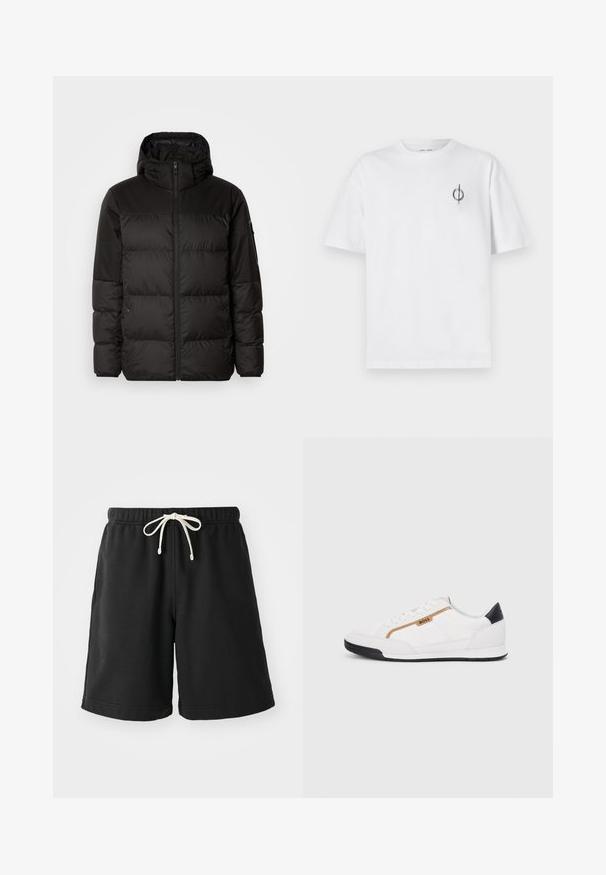 Črna zimska jakna ima zadrgo, kapuco, prešite odseke in elastične manšete, izdelana je iz gladkega, vodoodpornega materiala.; Bela bombažna majica s sproščenim krojem, ki ima majhen črn grafični logotip na levem prsnem delu. Kratke rokave, okrogel izrez.; Črne kratke hlače iz mehkega materiala, z elastičnim pasom in kremnim vrvico ter stranskimi žepi.; Bele športne čevlje z mrežnimi in usnjenimi detajli. Opremljeni so z zlatim logotipom "BOSS", teksturiranimi stranskimi paneli in črnim kapcom na peti. Guma podplat.