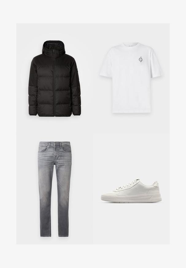 Juodas pūkinis švarkas turi užtrauktuką, gobtuvą, siūlinčius skyrius ir elastinius rankogalius, pagamintas iš lygaus, vandeniui atsparaus medžiagos.; Balta medvilninė marškinė su laisvu siluetu, su mažą juodą grafiką logotipą kairėje krūtinės pusėje. Trumpomis rankovėmis, apvaliu kaklu.; Pilkos džinsinės kelnės su tiesiu siluetu, su išblukusia dizaino apdaila, penkiomis kišenėmis ir standartiniu liemeniu su mygtuko uždarymu.; Balti sportbačiai su lygia oda, apvalia nosimi, užsegimu raišteliais ir storesniu guminio pado. Subtilus logotipas šone.