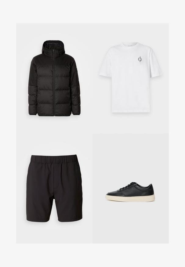 Černá péřová bunda má zipový uzávěr, kapuci, prošívané části a elastické manžety, vyrobená z hladkého, voděodolného materiálu.; Bílý bavlněný tričko s volným střihem, které má malé černé grafické logo na levé straně hrudi. Krátké rukávy, kulatý výstřih.; Černé šortky z pružného materiálu, s elastickým pasem, bočními kapsami a jednoduchým, čistým designem. Bez vzorů nebo akcentů.; Černé kožené nízké tenisky s černými tkaničkami a slonovinovou podešví, zobrazené v bočním profilu na bílém pozadí.