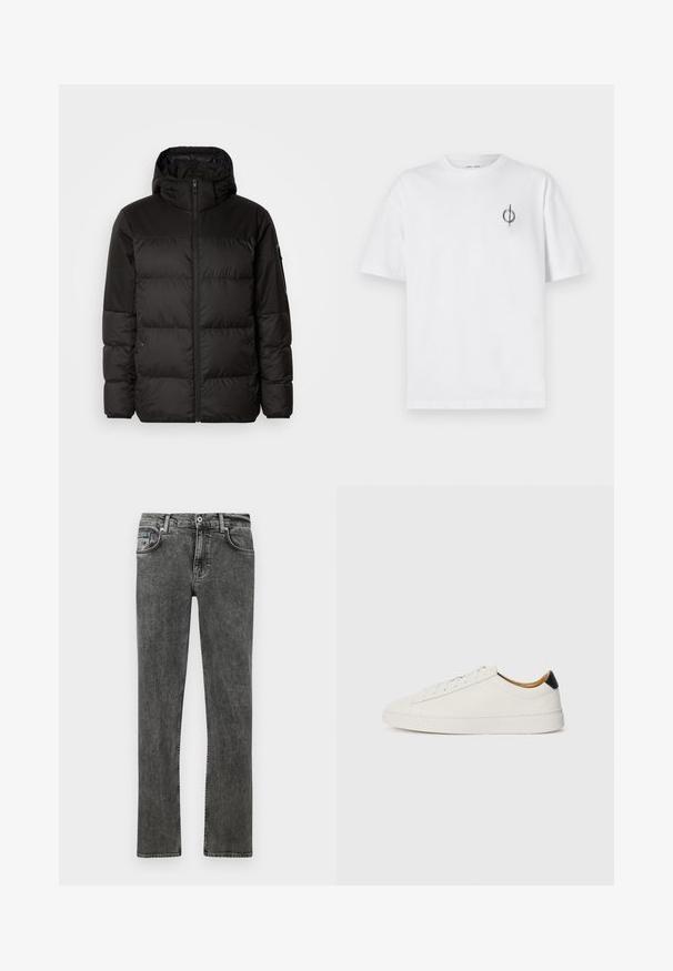 Črna zimska jakna ima zadrgo, kapuco, prešite odseke in elastične manšete, izdelana je iz gladkega, vodoodpornega materiala.; Bela bombažna majica s sproščenim krojem, ki ima majhen črn grafični logotip na levem prsnem delu. Kratke rokave, okrogel izrez.; Sive kavbojke z ravnim krojem, ki vsebujejo tradicionalno zasnovo petih žepov, gumbasto zaponko in rahlo zbledelost po celotni površini.; Bela tenisa s gladkim usnjem, okroglo konico in ravnim podplatom. Črn poudarek na peti, s toniranim vezalkami in minimalnim označevanjem.