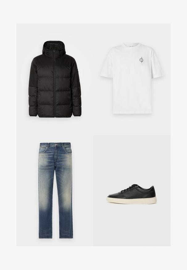 Black puffer jacket features a zip closure, a hood, quilted sections, and elastic cuffs, made from a smooth, water-resistant material.; White cotton t-shirt with a relaxed fit, featuring a small black graphic logo on the left chest area. Short sleeves, crew neck style.; Blue denim jeans with a straight cut, featuring subtle fading and whiskering details on the front, five-pocket design, and belt loops.; Black low-top leather sneaker with black laces and off-white sole shown in side profile on white background.