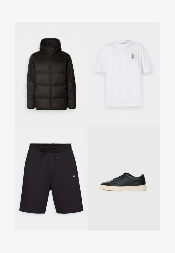 A fekete steppelt dzseki cipzáros záródással, kapucnival, steppelt részekkel és rugalmas mandzsettákkal rendelkezik, sima, vízálló anyagból készült.; Fehér pamut póló laza szabással, kis fekete grafikai logóval a bal mellen. Rövid ujjak, kerek nyakkivágás.; Fekete pamut rövidnadrág, húzózsinórral ellátott derékkal, oldalzsebekkel és egy kis kék logóval az elején. Simaság jellemzi.; Fekete, alacsony szárú bőrsneaker fekete fűzőkkel és törtfehér talppal, oldalnézetben, fehér háttér előtt.