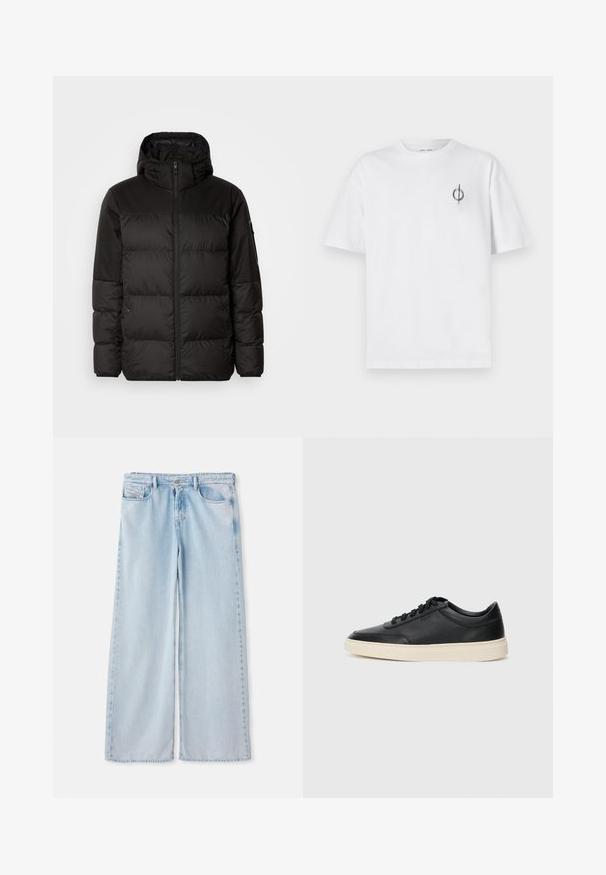 Melna pūkainā jakā iezīmes ir rāvējslēdzēja aizdare, kapuce, kvadrātveida šuves un elastīgas aproces, izgatavota no gludas, ūdensizturīgas vielas.; Bāla kokvilnas t-kreklu ar brīvu piegulšanu, kuram uz kreisā krūšu apvidus ir neliels melns grafiskais logotips. Īsas piedurknes, apaļas kakla izgriezums.; Gaiši zili platleņķa džinsi ar klasisku piecu kabatu dizainu, ar standarta jostasvietu un neapstrādātu apakšmalu. Mīksta džinsu tekstūra ar nedaudz izbalējušu efektu.; Melnas zemas ādas sporta kurpes ar melnām auklām un off-white zoli, rādītas no sānu profila uz baltā fona.