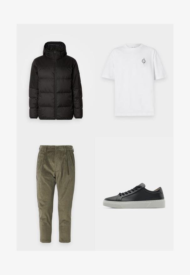 Black puffer jacket features a zip closure, a hood, quilted sections, and elastic cuffs, made from a smooth, water-resistant material.; White cotton t-shirt with a relaxed fit, featuring a small black graphic logo on the left chest area. Short sleeves, crew neck style.; Olive green corduroy pants with a relaxed fit, featuring pleats, an elastic waistband, and tapered legs. Textured fabric with vertical ribs.; Black leather sneaker with a smooth texture, round toe, and black laces. Features a thick, white rubber sole with subtle geometric accents.