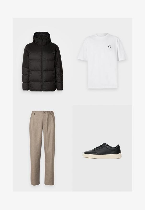 Črna zimska jakna ima zadrgo, kapuco, prešite odseke in elastične manšete, izdelana je iz gladkega, vodoodpornega materiala.; Bela bombažna majica s sproščenim krojem, ki ima majhen črn grafični logotip na levem prsnem delu. Kratke rokave, okrogel izrez.; Rjave hlače, prilagojene iz teksturirane tkanine, z enim gumbom za zapiranje, dvema sprednjima žepoma in ravnim krojem nogavic.; Črne nizke usnjene teniske s črnimi vezalkami in svetlo belo podplatom, prikazane v stranskem profilu na beli podlagi.