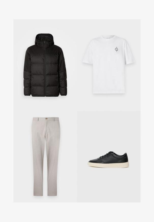 A fekete steppelt dzseki cipzáros záródással, kapucnival, steppelt részekkel és rugalmas mandzsettákkal rendelkezik, sima, vízálló anyagból készült.; Fehér pamut póló laza szabással, kis fekete grafikai logóval a bal mellen. Rövid ujjak, kerek nyakkivágás.; Világosszürke len nadrág, szabott fazonnal, gombos záródással, oldalsó zsebekkel és egyenes szárú szabással. Puha tapintású és minimális varrási részletekkel rendelkezik.; Fekete, alacsony szárú bőrsneaker fekete fűzőkkel és törtfehér talppal, oldalnézetben, fehér háttér előtt.