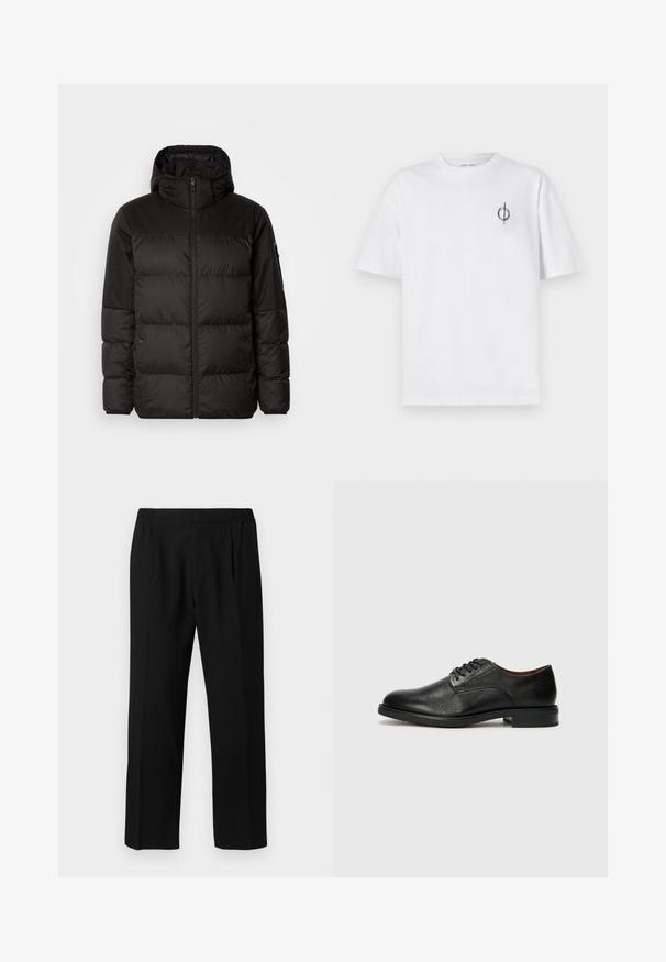 Black puffer jacket features a zip closure, a hood, quilted sections, and elastic cuffs, made from a smooth, water-resistant material.; White cotton t-shirt with a relaxed fit, featuring a small black graphic logo on the left chest area. Short sleeves, crew neck style.; Black trousers made of a smooth fabric, featuring an elastic waistband, straight leg design, and two front pleats for added detail.; Tommy Hilfiger VOGUE LTH - Smart lace-ups - black