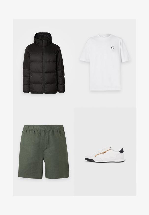 A jaqueta puffer preta apresenta um fecho zip, um capuz, secções acolchoadas e punhos elásticos, confeccionada em um material liso e resistente à água.; Camisa de algodão branca com um corte relaxado, apresentando um pequeno logótipo gráfico preto na área do peito esquerdo. Mangas curtas, estilo de gola redonda.; Calções verdes de linho com cintura elástica, corte direito e bolsos laterais. Tecido leve com textura suave.; Tênis atléticos brancos com detalhes em malha e couro. Apresenta um logotipo dourado "BOSS", painéis laterais texturizados e um capô de calcanhar preto. Sola em borracha.