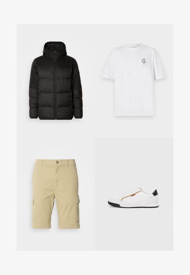 Zwarte pufferjas met ritsluiting, een capuchon, gequiltte secties en elastische manchetten, gemaakt van een glad, waterafstotend materiaal.; Witte katoenen t-shirt met een ontspannen pasvorm, voorzien van een klein zwart graphic logo op de linkerkant van de borst. Korte mouwen, ronde hals.; Khaki cargoshorts van katoen met een gladde textuur, voorzien van zijzakken en een knoopsluiting bij de taille.; Witte sportieve schoenen met gaas- en lederen accenten. Voorzien van een gouden "BOSS" logo, gestructureerde zijpanelen en een zwarte hakkap. Rubberen zool.