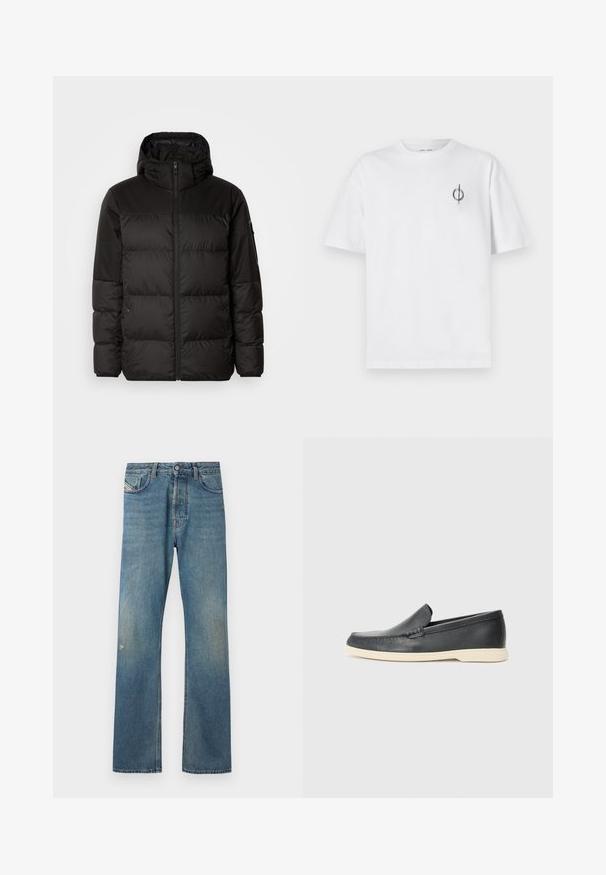 A fekete steppelt dzseki cipzáros záródással, kapucnival, steppelt részekkel és rugalmas mandzsettákkal rendelkezik, sima, vízálló anyagból készült.; Fehér pamut póló laza szabással, kis fekete grafikai logóval a bal mellen. Rövid ujjak, kerek nyakkivágás.; Kék farmernadrág egyenes lábakkal, enyhe kopással, elülső zsebekkel és gombos záródással a deréknál.; Fekete bőr, slip-on stílusú loaferek, texturált felülettel és kontrasztos bézs gumitalppal. A frontrészén finom díszítéssel rendelkezik.