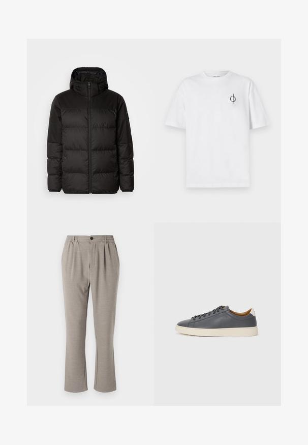 Melna pūkainā jakā iezīmes ir rāvējslēdzēja aizdare, kapuce, kvadrātveida šuves un elastīgas aproces, izgatavota no gludas, ūdensizturīgas vielas.; Bāla kokvilnas t-kreklu ar brīvu piegulšanu, kuram uz kreisā krūšu apvidus ir neliels melns grafiskais logotips. Īsas piedurknes, apaļas kakla izgriezums.; Gaiši pelēkas bikses ar brīvu piegriezumu, izgatavotas no mīksta auduma, ar elastīgu jostu, krokām un vienu pogu aizdari.; Pelēki ādas sporta apavi ar apaļu purngalu, gumijas zoli, plakanu auklu un gaišiem akcentiem uz papēža. Gluda tekstūra un minimālistisks dizains.