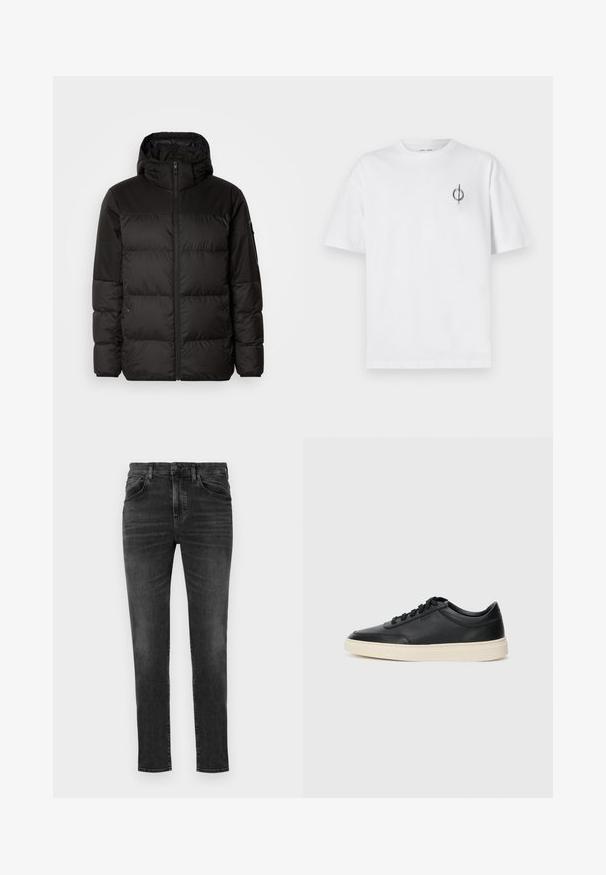 Černá péřová bunda má zipový uzávěr, kapuci, prošívané části a elastické manžety, vyrobená z hladkého, voděodolného materiálu.; Bílý bavlněný tričko s volným střihem, které má malé černé grafické logo na levé straně hrudi. Krátké rukávy, kulatý výstřih.; BOSS ONYX - Zúžené džíny - charcoal; Černé kožené nízké tenisky s černými tkaničkami a slonovinovou podešví, zobrazené v bočním profilu na bílém pozadí.