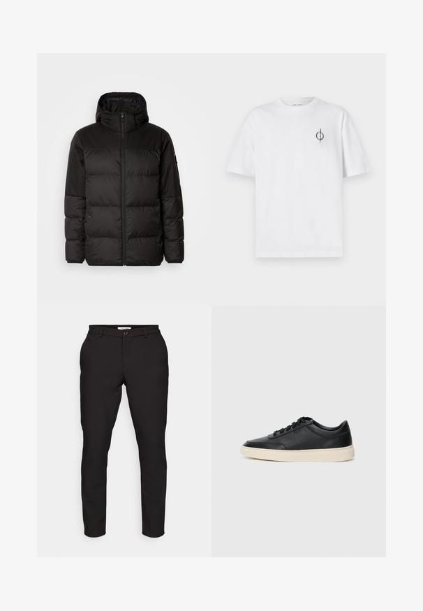 La chaqueta acolchada negra tiene un cierre de cremallera, capucha, secciones acolchadas y puños elásticos, hecha de un material suave y resistente al agua.; Camiseta de algodón blanca con un corte relajado, con un pequeño logotipo gráfico negro en el área del pecho izquierdo. Mangas cortas, estilo cuello redondo.; Pantalones negros ajustados de corte entallado. Cuentan con cremallera, cierre de botón, bolsillos laterales y una tela suave y ligera.; Zapatilla negra de piel de caña baja con cordones negros y suela color crema, mostrada en perfil lateral sobre fondo blanco.