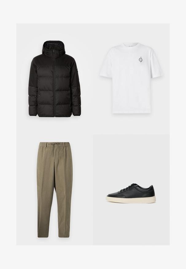 Juodas pūkinis švarkas turi užtrauktuką, gobtuvą, siūlinčius skyrius ir elastinius rankogalius, pagamintas iš lygaus, vandeniui atsparaus medžiagos.; Balta medvilninė marškinė su laisvu siluetu, su mažą juodą grafiką logotipą kairėje krūtinės pusėje. Trumpomis rankovėmis, apvaliu kaklu.; Tamsiai pilkos velveteen kelnės su elastine juosta, diržo kilpomis ir raišteliu, tiesios kojos kirpimas prieš paprastą baltą foną.; Juoda žema viršutinė odinė sportbačiai su juodais raišteliais ir kreminiu padu, pateikti šoniniame profilyje ant baltos fono.