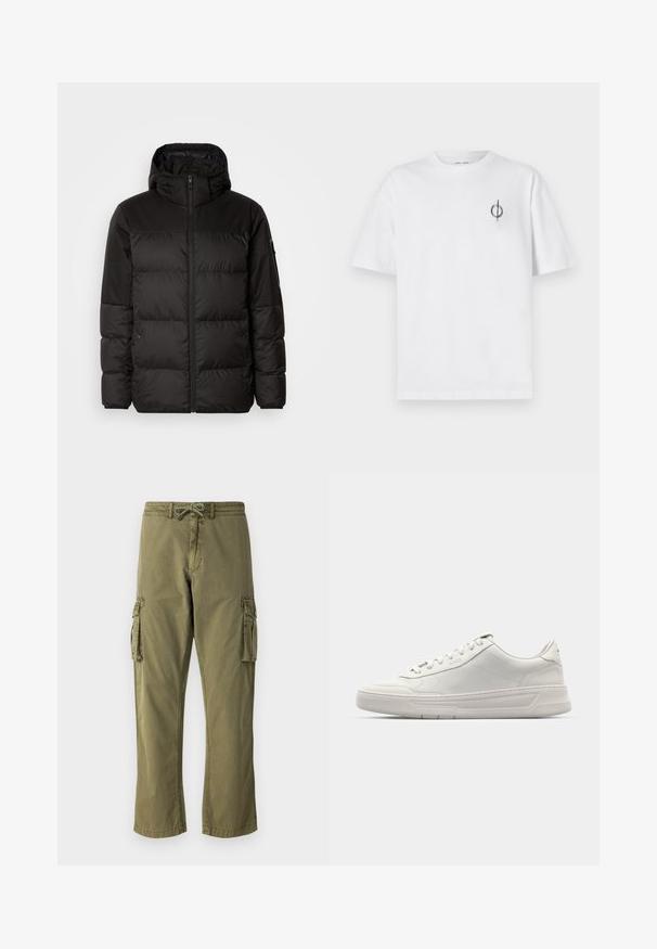 Juodas pūkinis švarkas turi užtrauktuką, gobtuvą, siūlinčius skyrius ir elastinius rankogalius, pagamintas iš lygaus, vandeniui atsparaus medžiagos.; Balta medvilninė marškinė su laisvu siluetu, su mažą juodą grafiką logotipą kairėje krūtinės pusėje. Trumpomis rankovėmis, apvaliu kaklu.; Tamsiai žalios spalvos cargo kelnės, pagamintos iš medvilnės mišinio, su elastingu juosmeniu ir raišteliu, šoninėmis cargo kišenėmis ir tiesiu kojų dizainu.; Balti sportbačiai su lygia oda, apvalia nosimi, užsegimu raišteliais ir storesniu guminio pado. Subtilus logotipas šone.