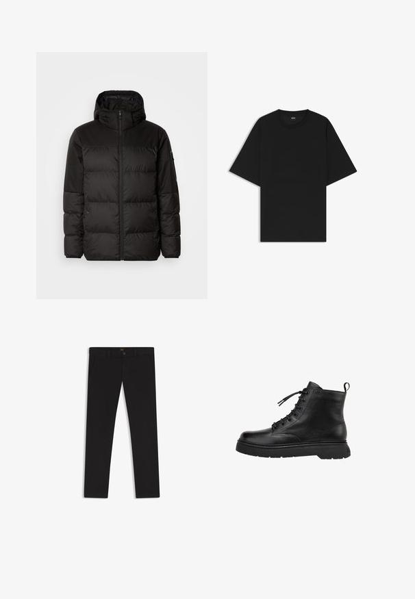 Black puffer jacket features a zip closure, a hood, quilted sections, and elastic cuffs, made from a smooth, water-resistant material.; Black short-sleeve crew neck T-shirt with a relaxed fit and a small "BOSS" label on the inside collar.; Black trousers made of fabric with a smooth texture. Features a button closure, belt loops, and side pockets. Standard straight-leg design.; Black leather ankle boot with a smooth finish, round toe, and lace-up front. Features a thick rubber sole and a pull tab at the back.