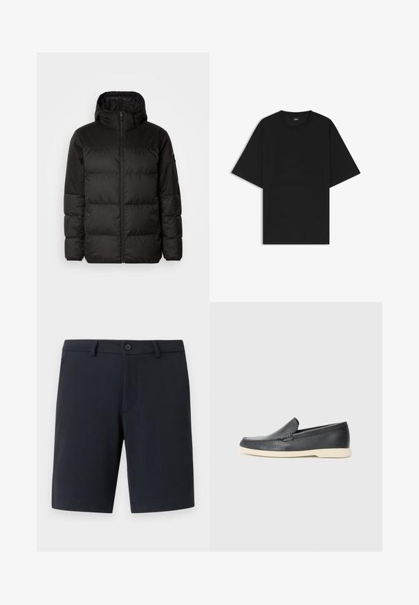 Black puffer jacket features a zip closure, a hood, quilted sections, and elastic cuffs, made from a smooth, water-resistant material.; Black short-sleeve crew neck T-shirt with a relaxed fit and a small "BOSS" label on the inside collar.; Navy blue shorts made from a smooth fabric, featuring a front button closure, belt loops, and subtle pockets. Flat hemline design.; Black leather slip-on loafers with a textured finish and a contrasting beige rubber sole. Features a subtle accent along the front.