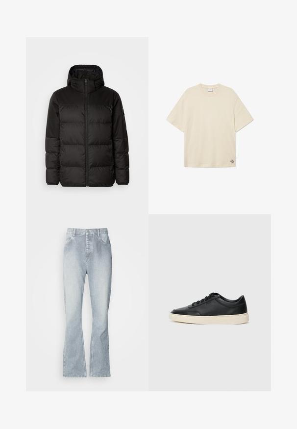 Crna puf jakna ima zatvaranje na zip, kapuljaču, kviltane dijelove i elastične manžete, izrađena je od glatkog, vodootpornog materijala.; Krem majica od pamuka, s okruglim izrezom, kratkim rukavima i suptilnim detaljem loga vezanim u donjem desnom kutu.; Svijetloplave prugaste traperice širokog kroja, s kopčanjem na gumb, prednjim džepovima i suptilnim izblješnjenjem na rubu.; Crne niske kožne tenisice s crnim vezicama i kremasto bijelom potplatom prikazane u bočnom profilu na bijeloj pozadini.