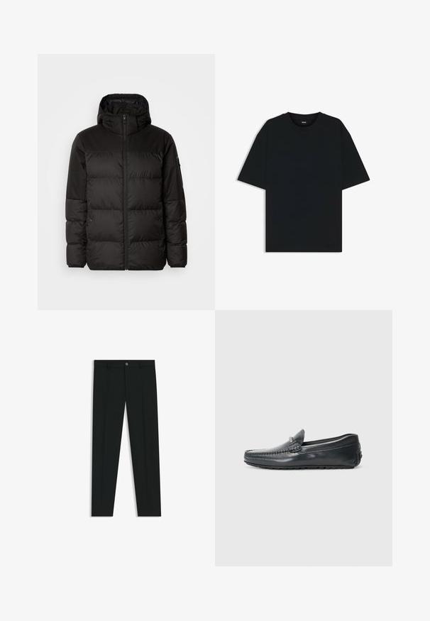 Svart puffjacka med blixtlås, huva, quiltade sektioner och elastiska mudd, tillverkad av ett slätt, vattentåligt material.; Svart bomullströja med rund hals och korta ärmar. Har en lös passform och en enkel design utan mönster eller accenter.; Svarta dressbyxor med rak bendesign, gjorda av ett mjukt tyg. Har stängning med frontknapp och bälteshällor. Enfärgade utan mönster.; Svarta läderloafers med en glansig finish, rund tå och dekorativa detaljer framtill. Lågprofils gummisula. Slät textur.
