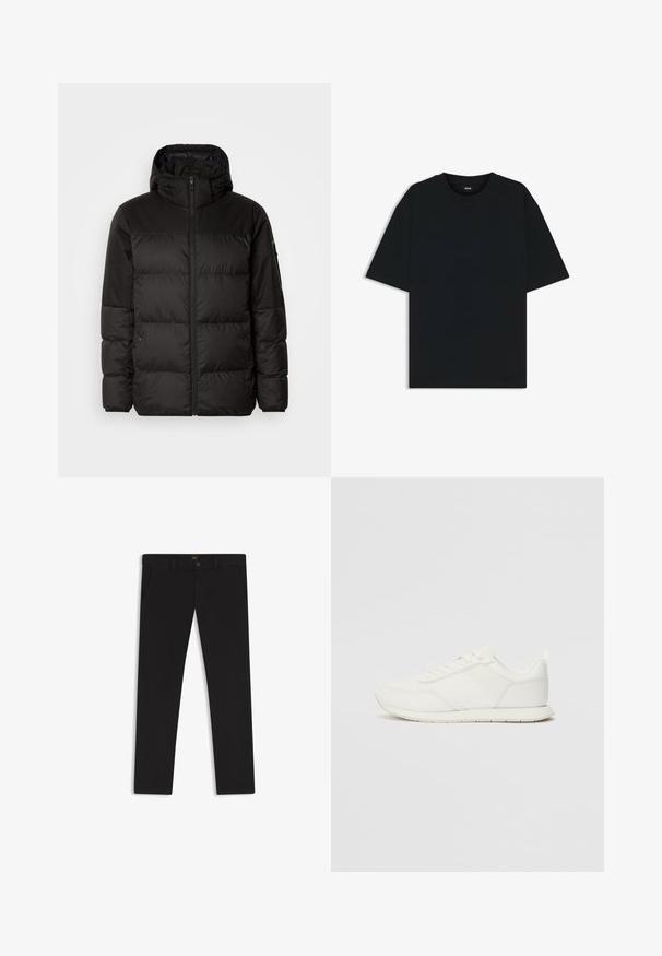 Zwarte pufferjas met ritsluiting, een capuchon, gequiltte secties en elastische manchetten, gemaakt van een glad, waterafstotend materiaal.; Zwarte katoenen T-shirt met een ronde hals en korte mouwen. Heeft een losse pasvorm en een eenvoudig ontwerp zonder patronen of accenten.; Zwarte broek van stof met een gladde textuur. Bevat een knoopsluiting, riemlussen en zijzakken. Standaard straight-leg ontwerp.; Witte sneaker met een bovenwerk van mesh en synthetisch materiaal, ronde neus, platte veters en een getextureerde zijstrip. Rubberen zool met een lusje aan de achterkant.