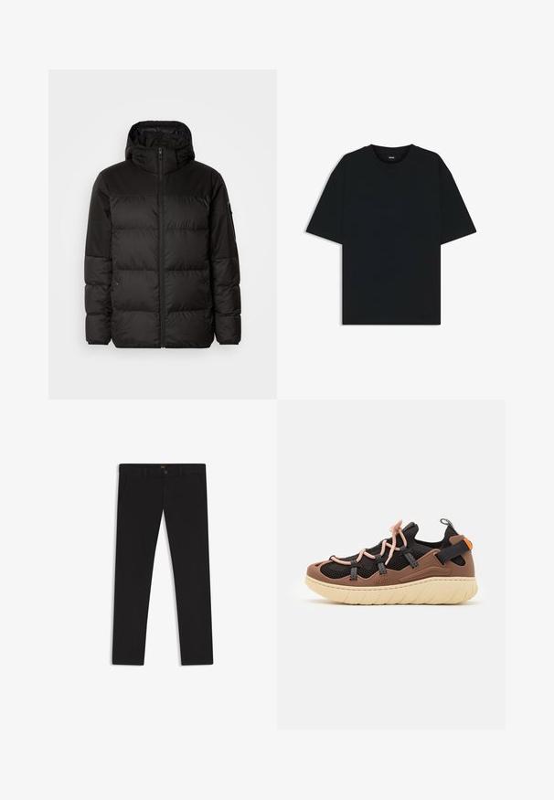 Musta puhvijakku sisältää vetoketjun, hupun, tilkuista koostuvia osioita ja joustavat hihansuut. Se on valmistettu sileästä, vedenpitävästä materiaalista.; Musta puuvillainen t-paita, jossa on pyöreä kaula-aukko ja lyhyet hihat. Ominaisuuksiin kuuluu löysä istuvuus ja yksinkertainen muotoilu ilman kuvioita tai yksityiskohtia.; Mustat housut, jotka on valmistettu sileätekstiilisestä kankaasta. Varustettu nappikiinnityksellä, vyölenkeillä ja sivutaskuilla. Standardi suora lahjemalli.; HUGO REEFLYN - Matalavartiset tennarit - open brown