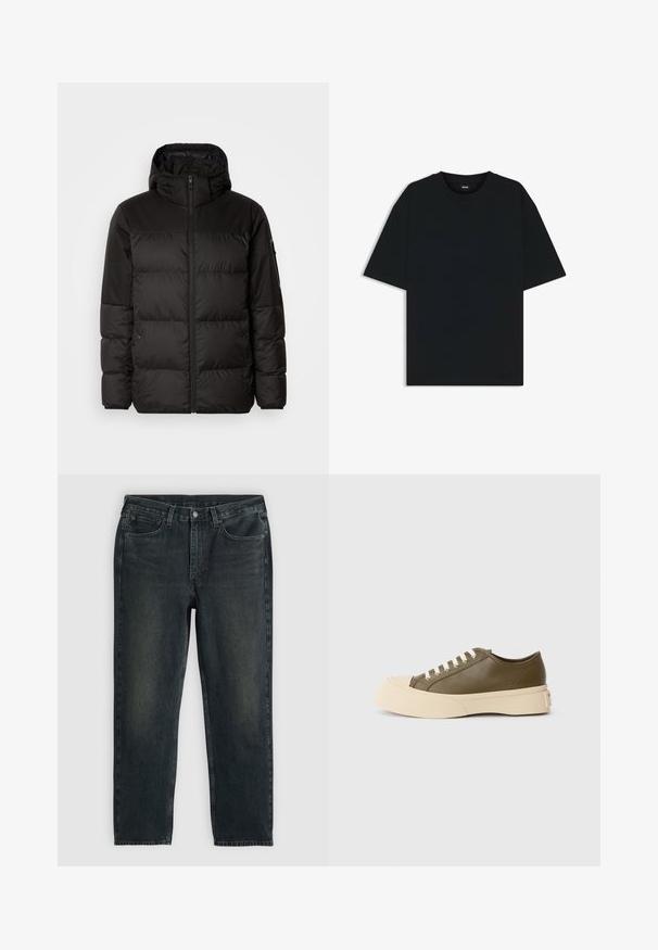 La chaqueta acolchada negra tiene un cierre de cremallera, capucha, secciones acolchadas y puños elásticos, hecha de un material suave y resistente al agua.; Camiseta de algodón negra con cuello redondo y mangas cortas. Presenta un corte holgado y un diseño sencillo sin patrones ni acentos.; Vaqueros de mezclilla azul oscuro con un corte recto, que cuentan con cinco bolsillos, una cremallera en la bragueta y costuras en contraste. Ligera decoloración en la tela.; Zapatilla baja color verde oliva con una suela gruesa color crema y cordones blancos, exhibida sobre un fondo blanco liso.