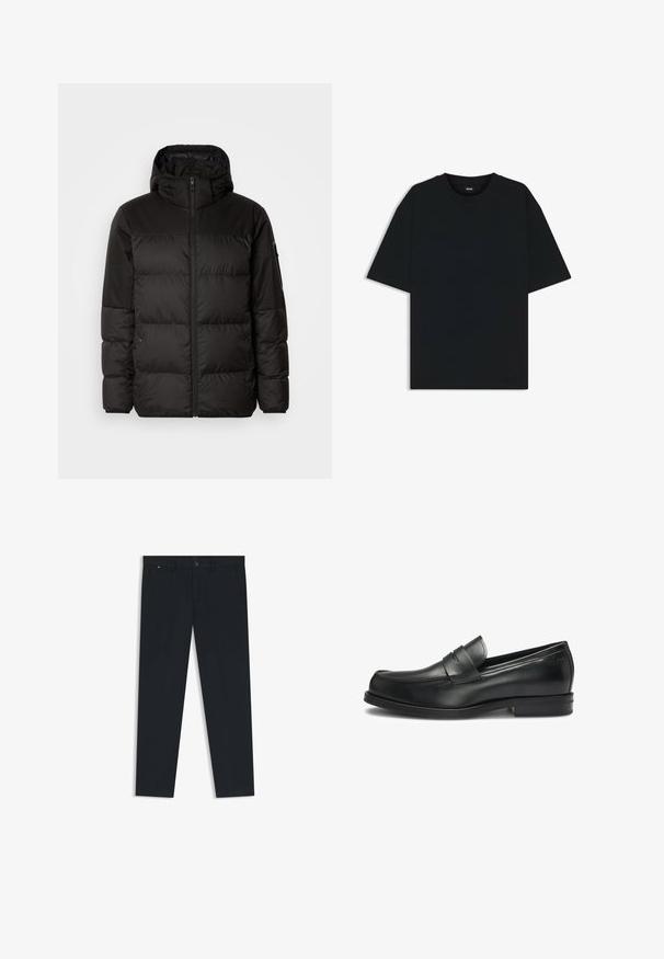 Black puffer jacket features a zip closure, a hood, quilted sections, and elastic cuffs, made from a smooth, water-resistant material.; Black cotton t-shirt with a round neckline and short sleeves. Features a loose fit and a simple design without patterns or accents.; Men's dark navy trousers made of lightweight fabric. Features a button closure, belt loops, and two side pockets. Straight leg design.; Black leather loafers with a rounded toe and stitched detailing, featuring a decorative strap across the upper and a low heel.