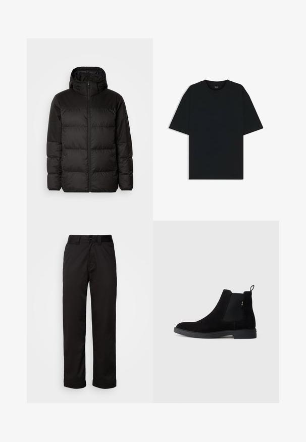 Musta puhvijakku sisältää vetoketjun, hupun, tilkuista koostuvia osioita ja joustavat hihansuut. Se on valmistettu sileästä, vedenpitävästä materiaalista.; Musta puuvillainen t-paita, jossa on pyöreä kaula-aukko ja lyhyet hihat. Ominaisuuksiin kuuluu löysä istuvuus ja yksinkertainen muotoilu ilman kuvioita tai yksityiskohtia.; Mustat housut, jotka on valmistettu sileästä kankaasta. Ne sisältävät vetoketjukiinnityksen, napin sulkemisen sekä käärityt lahkeet rentoa muotoilua varten.; Musta mokkanahka Chelsea-bootsit, joissa on elastiset sivupaneelit, pyöreä kärki ja matala kumipohja. Takana on vetonauha, joka helpottaa pukemista.