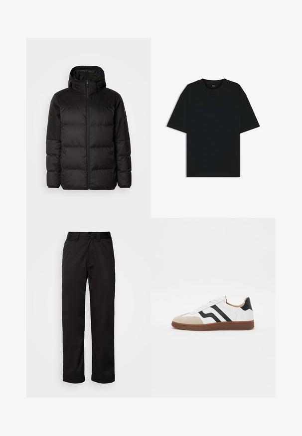 Black puffer jacket features a zip closure, a hood, quilted sections, and elastic cuffs, made from a smooth, water-resistant material.; Black cotton t-shirt with a round neckline and short sleeves. Features a loose fit and a simple design without patterns or accents.; Black trousers made of smooth fabric, featuring a zip fly, button closure, and rolled cuffs for a casual design.; White sneaker with black stripe accents, suede toe cap, and brown rubber sole. Smooth leather upper with a rounded design.