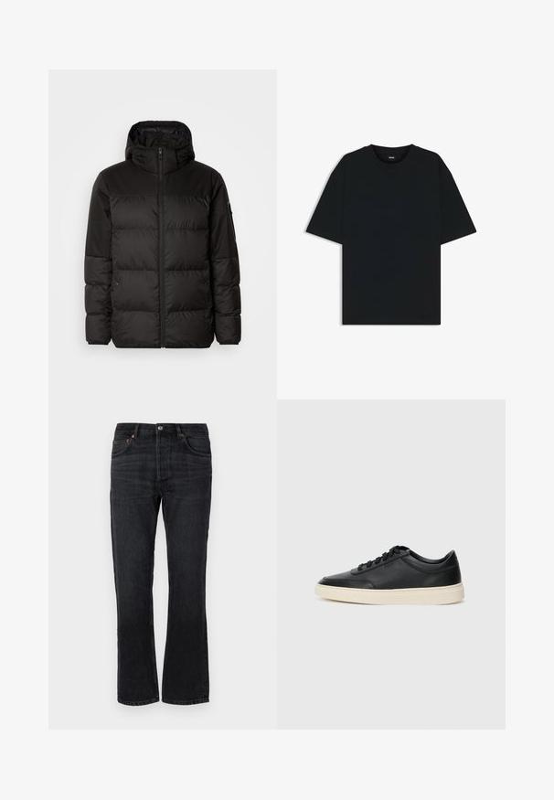 Il giubbotto puffo nero presenta una chiusura con zip, un cappuccio, sezioni trapuntate e polsini elastici, realizzato in un materiale liscio e resistente all'acqua.; Maglietta in cotone nera con scollatura rotonda e maniche corte. Presenta una vestibilità ampia e un design semplice senza motivi o dettagli.; Jeans in denim neri con taglio dritto, cinque tasche e dettagli di cucitura arancione. Tessuto liscio e minimi dettagli di scolorimento.; Sneaker in pelle nera a basso profilo con lacci neri e suola avorio, mostrato di profilo su sfondo bianco.