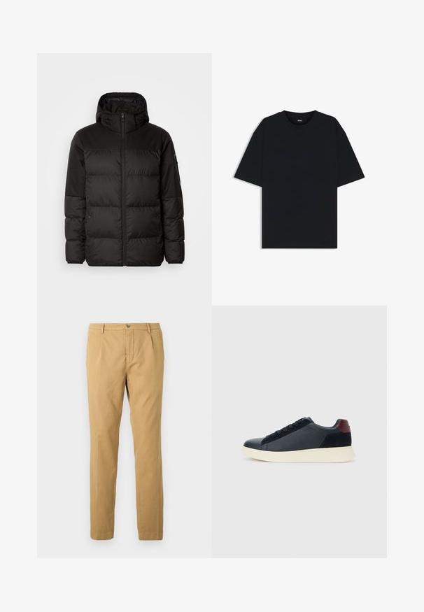 Musta puhvijakku sisältää vetoketjun, hupun, tilkuista koostuvia osioita ja joustavat hihansuut. Se on valmistettu sileästä, vedenpitävästä materiaalista.; Musta puuvillainen t-paita, jossa on pyöreä kaula-aukko ja lyhyet hihat. Ominaisuuksiin kuuluu löysä istuvuus ja yksinkertainen muotoilu ilman kuvioita tai yksityiskohtia.; Beige puuvillapantalonit, joissa on suora lahkeiden malli, vetoketjukiinnitys ja nappisuljenta, sekä taskut edessä ja takana.; Miestne bežecké tenisky s nízkym strihom v čiernej koži a semišovej úprave s bordovým jazykom a bielou gumovou podrážkou, pohľad z vonkajšej strany.