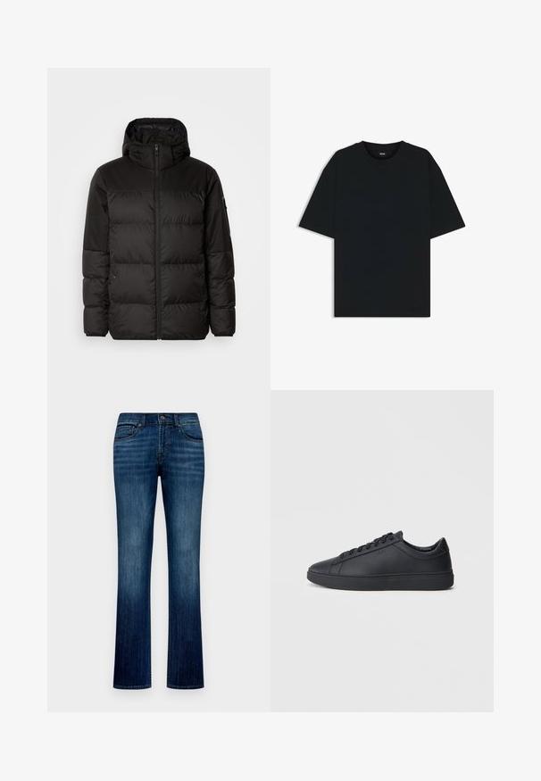 La chaqueta acolchada negra tiene un cierre de cremallera, capucha, secciones acolchadas y puños elásticos, hecha de un material suave y resistente al agua.; Camiseta de algodón negra con cuello redondo y mangas cortas. Presenta un corte holgado y un diseño sencillo sin patrones ni acentos.; Jeans de denim azul oscuro con pierna recta, cinco bolsillos y cierre frontal de botón. La tela tiene una textura suave con un efecto desgastado.; Zapatillas negras de cuero liso con diseño bajo, puntera redonda y suela plana de goma. Presentan cordones y una marca sutil.
