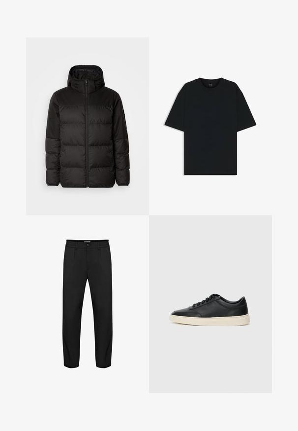 Schwarze Pufferjacke mit Reißverschluss, Kapuze, gesteppten Abschnitten und elastischen Bündchen, hergestellt aus einem glatten, wasserabweisenden Material.; Schwarzes Baumwoll-T-Shirt mit rundem Halsausschnitt und kurzen Ärmeln. Verfügt über einen lockeren Schnitt und ein schlichtes Design ohne Muster oder Akzente.; Schwarze Hose mit geradem Bein, ausgestattet mit einem Knopfverschluss, Seitentaschen und einer glatten Textur. Mit elastischem Taillenbund.; Schwarzer niedriger Ledersneaker mit schwarzen Schnürsenkeln und cremefarbenem Sohlenrand, seitlich auf weißem Hintergrund dargestellt.