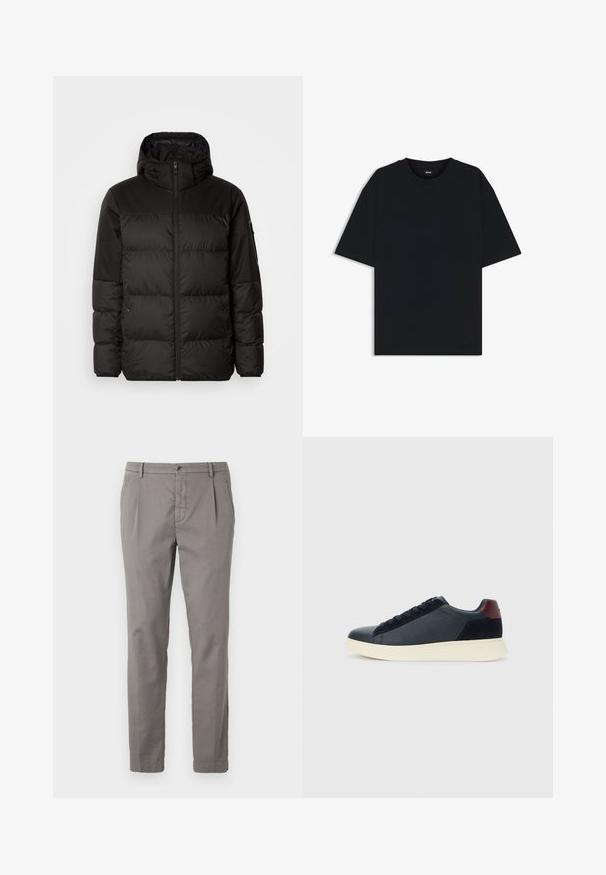 Zwarte pufferjas met ritsluiting, een capuchon, gequiltte secties en elastische manchetten, gemaakt van een glad, waterafstotend materiaal.; Zwarte katoenen T-shirt met een ronde hals en korte mouwen. Heeft een losse pasvorm en een eenvoudig ontwerp zonder patronen of accenten.; Grijze katoenen broek met een rechte pijp, voorzien van een knoopsluiting, plooien en zijzakken. Glad textuur met minimale details.; Lage herensneaker van zwart leer en suede met een bordeauxrode hieltab en een witte rubberen zool, gezien vanuit de buitenkant.