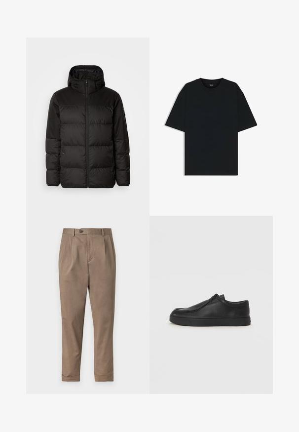Black puffer jacket features a zip closure, a hood, quilted sections, and elastic cuffs, made from a smooth, water-resistant material.; Black cotton t-shirt with a round neckline and short sleeves. Features a loose fit and a simple design without patterns or accents.; Khaki trousers with a tailored fit, featuring a front pleat, button closure, and turned-up cuffs. Made from a lightweight cotton blend fabric.; Black leather slip-on shoe with a rounded toe, stitched detailing, and black rubber sole. Smooth texture with minimalistic design.