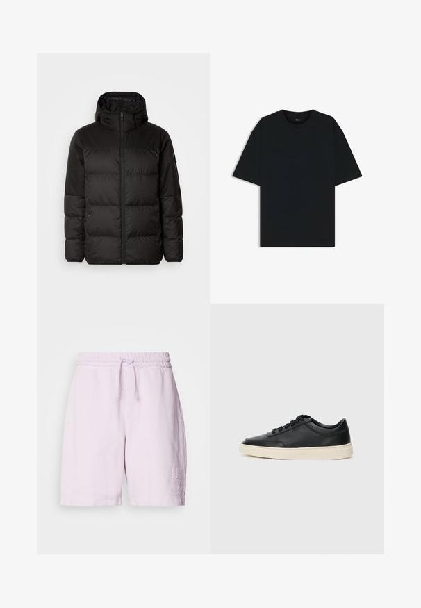Black puffer jacket features a zip closure, a hood, quilted sections, and elastic cuffs, made from a smooth, water-resistant material.; Black cotton t-shirt with a round neckline and short sleeves. Features a loose fit and a simple design without patterns or accents.; Pink cotton shorts with an elastic waistband and drawstring, featuring front pockets and embroidered "HUGO" logo on the left leg.; Black low-top leather sneaker with black laces and off-white sole shown in side profile on white background.