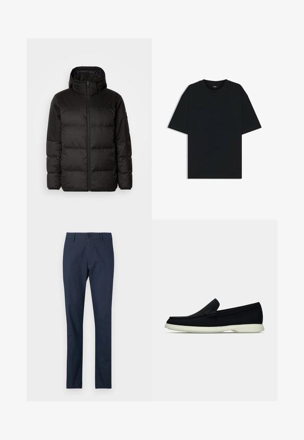 Black puffer jacket features a zip closure, a hood, quilted sections, and elastic cuffs, made from a smooth, water-resistant material.; Black cotton t-shirt with a round neckline and short sleeves. Features a loose fit and a simple design without patterns or accents.; Navy blue trousers with a flat front, straight leg design, and a single button closure at the waist. Smooth fabric with no visible patterns.; Black slip-on shoe with a rounded toe, featuring a textured upper, smooth white sole, and subtle branding detail on the side.