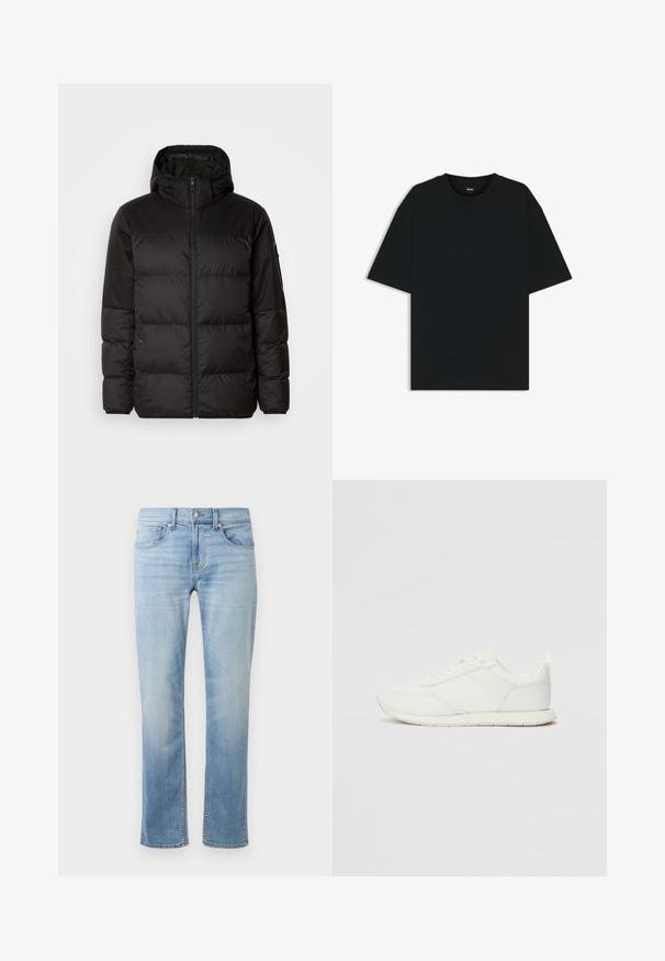 Czarna kurtka puchowa z zapięciem na zamek, kapturem, pikowanymi sekcjami i elastycznymi mankietami, wykonana z gładkiego, wodoodpornego materiału.; Czarny bawełniany t-shirt z okrągłym dekoltem i krótkimi rękawami. Charakteryzuje się luźnym krojem i prostym designem, bez wzorów czy akcentów.; Jasnoniebieskie dżinsy o prostym kroju z pięcioma kieszeniami, widocznym szwem i wyblakłym wykończeniem w okolicach ud i kolan.; Białe trampki z siateczkową i syntetyczną cholewką, okrągłym noskiem, płaskimi sznurowadłami oraz teksturowanym paskiem bocznym. Gumowa podeszwa z pętelką z tyłu.