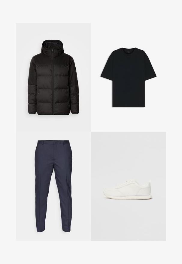 Black puffer jacket features a zip closure, a hood, quilted sections, and elastic cuffs, made from a smooth, water-resistant material.; Black cotton t-shirt with a round neckline and short sleeves. Features a loose fit and a simple design without patterns or accents.; Navy trousers with a smooth texture, slim fit design, and crease lines. Features belt loops and a zip fly for closure.; White sneaker with a mesh and synthetic upper, round toe, flat laces, and a textured side stripe. Rubber sole with a pull tab at the back.