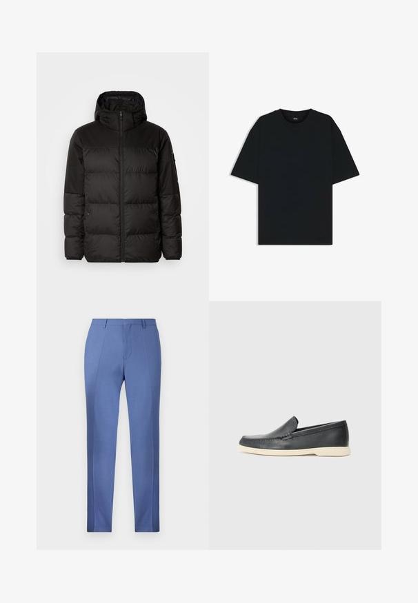 Schwarze Pufferjacke mit Reißverschluss, Kapuze, gesteppten Abschnitten und elastischen Bündchen, hergestellt aus einem glatten, wasserabweisenden Material.; Schwarzes Baumwoll-T-Shirt mit rundem Halsausschnitt und kurzen Ärmeln. Verfügt über einen lockeren Schnitt und ein schlichtes Design ohne Muster oder Akzente.; Helles blau maßgeschneiderte Hosen mit glatter Textur, scharfen Falten, flacher Vorderseite und ohne sichtbare Taschen oder Verzierungen.; Schwarze Leder-Slipper mit strukturiertem Finish und einer kontrastierenden beige Gummisohle. Mit einem dezenten Akzent an der Vorderseite.