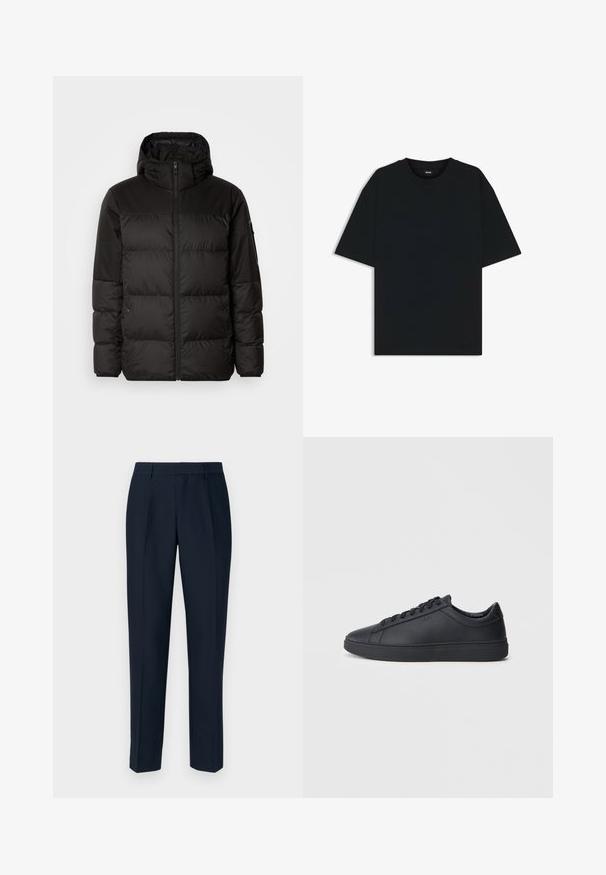 Svart puffjacka med blixtlås, huva, quiltade sektioner och elastiska mudd, tillverkad av ett slätt, vattentåligt material.; Svart bomullströja med rund hals och korta ärmar. Har en lös passform och en enkel design utan mönster eller accenter.; Marininspirerade skräddarsydda byxor med rak skärning, som har veck framtill, en slät yta och standard bälteshällor.; Svarta sneakers i slätt läder med låg design, rund tå och platt gummisula. Har snörning och subtil branding.