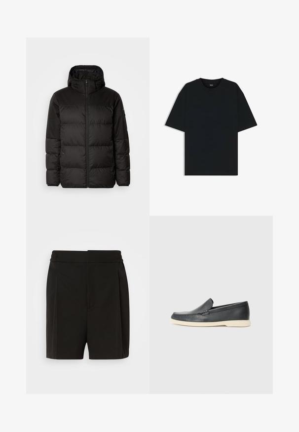 Zwarte pufferjas met ritsluiting, een capuchon, gequiltte secties en elastische manchetten, gemaakt van een glad, waterafstotend materiaal.; Zwarte katoenen T-shirt met een ronde hals en korte mouwen. Heeft een losse pasvorm en een eenvoudig ontwerp zonder patronen of accenten.; Zwarte shorts van een gladde stof, met een geplooide voorkant en een elastische tailleband. Recht gesneden pijpen zorgen voor een relaxte pasvorm.; Zwarte leren instappers met een gestructureerde afwerking en een contrasterende beige rubberen zool. Beschikt over een subtiele accent langs de voorkant.