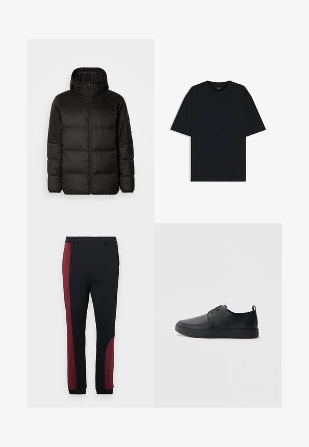Zwarte pufferjas met ritsluiting, een capuchon, gequiltte secties en elastische manchetten, gemaakt van een glad, waterafstotend materiaal.; Zwarte katoenen T-shirt met een ronde hals en korte mouwen. Heeft een losse pasvorm en een eenvoudig ontwerp zonder patronen of accenten.; Zwarte joggers met een bordeauxrode zijpaneel, elastische tailleband en boorden. Gemaakt van een gladde, rekbare stof voor comfort.; Zwarte leren sneaker met een gladde afwerking, ronde neus, tonale stiknaden, vetersluiting aan de voorkant en een vlakke rubberen zool. Lussje aan de hak.